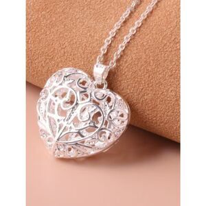 Necklace Hollowed-Out Puff Heart Three Dimensional Filigree Silvery Pendant
